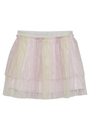 Jupe en tulle superposée rose et jaune clair avec des points de paillettes argentées et une ceinture élastique argentée brillante.