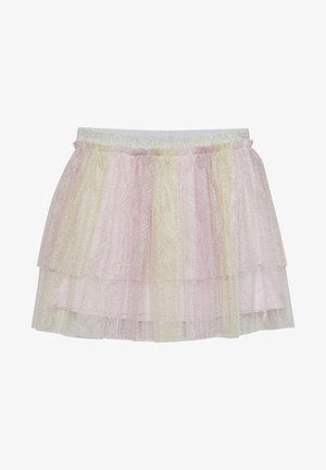 Jupe en tulle superposée rose et jaune clair avec des points de paillettes argentées et une ceinture élastique argentée brillante.