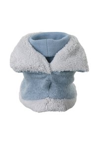 Blauer, strukturierter Fleece-Halswärmer mit einem weichen, grauen Kunstpelzrand. Enthält einen gestrickten Innenkragen für zusätzliche Wärme und Komfort.