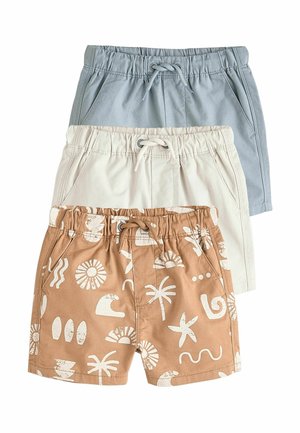 Tre par børneshorts med elastisk talje stablet ovenpå hinanden: lyseblå, offwhite og beige med hvidt tropisk print og snore i taljen.