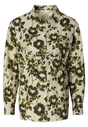 Langarmhemd in beige met groene en zwarte bloemenprint. Heeft een kraag, knopsluiting aan de voorkant en een geplooid taille-detail.