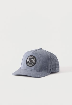 Šedá baseballová čiapka Billabong s ohnutým šiltom a perforovaným sieťovaným zadkom, na prednej časti s okrúhlym čierno-bielym logom.