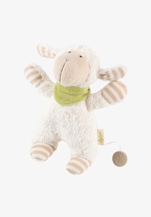 Morbido agnellino di peluche bianco con orecchie, mani e piedi a righe beige, che indossa una sciarpa verde e una cordicella con bottone beige attaccata.