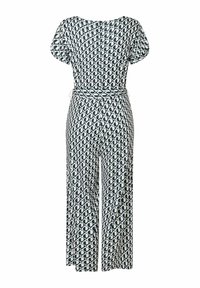 Blauwe en witte jumpsuit met patroon, voorzien van korte mouwen, wijde pijpen, een gecinchde taille en een gladde stofstructuur.