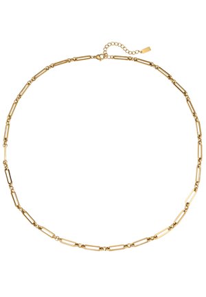 Gold necklace featuring elongated, rectangular links with subtle chain accents and a clasp closure. Adjustable length with extension chain.
