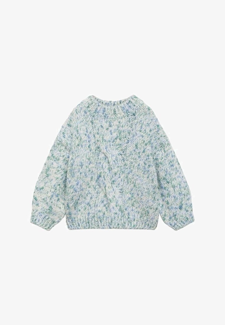 Pull en laine grosse maille bleu clair, blanc et vert moucheté avec manches longues et poignets, ourlet et col côtelés.