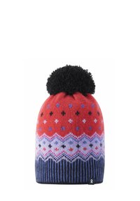 Dziecięca czapka dziana z czarnym pomponem, z gradientem od czerwonego do niebieskiego, ozdobiona geometrycznymi wzorami w czerni i purpurze na prążkowanym pasie.