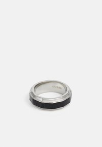 Black and silver ring with an octagonal shape, featuring a polished silver band and a matte black inset. Marked with "GUESS" inside.