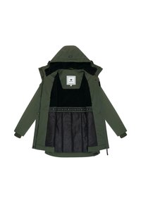 Green parka with a black, textured interior and a label. It features a hood, zip closure, and elastic cuffs, designed for warmth.