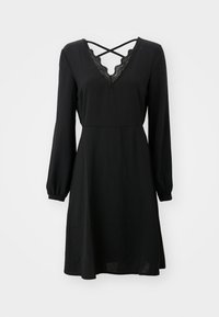 Μαύρο φόρεμα με μακριά φουσκωτά μανίκια, V λαιμό με δαντελένια λεπτομέρεια, εφαρμοστή μέση και φαρδιά φούστα. Φτιαγμένο από ελαφρύ, λείο ύφασμα.