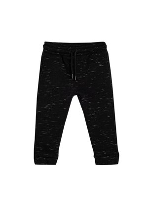 Pantalones jogger negros con una tela texturizada, que cuentan con una cinturilla elástica, cierre con cordón y tobillos ajustados. Adecuados para un uso casual.