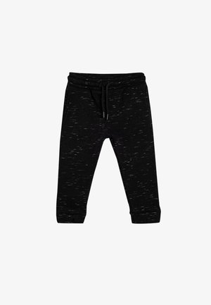 Pantalones jogger negros con una tela texturizada, que cuentan con una cinturilla elástica, cierre con cordón y tobillos ajustados. Adecuados para un uso casual.