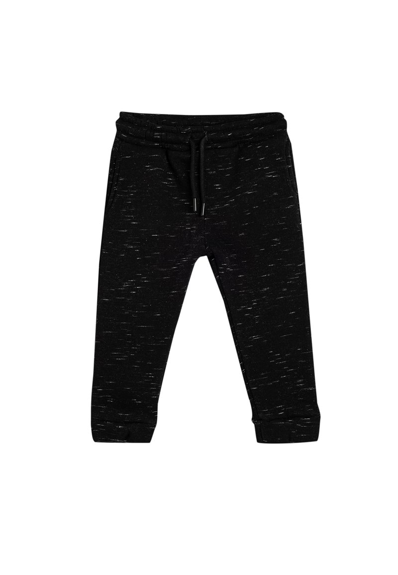 Sorte joggingbukser i struktureret stof med elastisk talje, snøretilslutning og manchetter ved anklerne. Velegnet til afslappet brug.