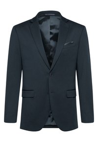 Men’s dark navy formal blazer with notch lapels, two-button front, flap pockets, and a chest pocket square.