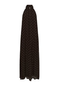 Robe longue noire sans manches à pois blancs avec col montant, tissu fluide avec détail froncé à l'encolure.