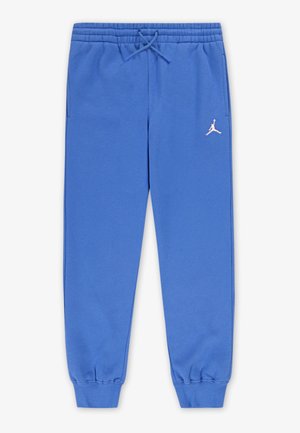 Niebieskie dresy z elastycznym pasem, sznurkiem, bocznymi kieszeniami, ściągaczami przy kostkach i małym białym logo Jumpman na lewym udzie.