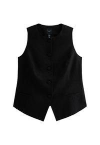 Chaleco negro sin mangas hecho de tejido texturizado, con un corte recto, cuello redondo y seis botones en el frente. Incluye dos bolsillos laterales.