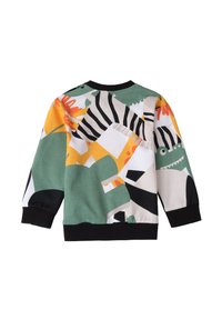 Felpa colorata per bambini con un design misto che presenta motivi di dinosauri, righe e forme. Realizzata in morbido cotone con polsini neri.