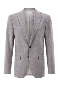Hellgrauer Leinenblazer mit Reverskragen, zwei Vorderaschen und zwei Knöpfen. Verfügt über eine strukturierte Oberfläche und ein gemustertes Innenfutter.