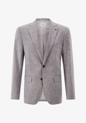 Hellgrauer Leinenblazer mit Reverskragen, zwei Vorderaschen und zwei Knöpfen. Verfügt über eine strukturierte Oberfläche und ein gemustertes Innenfutter.