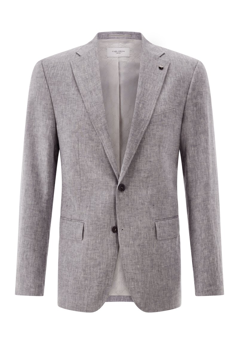 Hellgrauer Leinenblazer mit Reverskragen, zwei Vorderaschen und zwei Knöpfen. Verfügt über eine strukturierte Oberfläche und ein gemustertes Innenfutter.