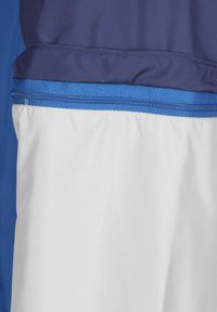 Modrá a bílá větrovka se zipovou kapsou. Má texturovaný modrý pas a hladký materiál. Design je funkční a sportovní.