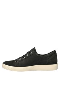 Black leather sneaker with a rounded toe, white rubber sole, six eyelet lace-up design, and smooth texture. Minimalist aesthetic.