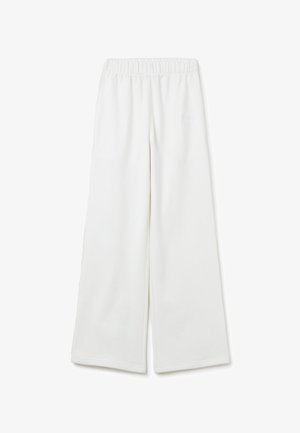 White wide-leg pants made of soft fabric, featuring an elastic waistband and a subtle logo on the front. Smooth texture, relaxed fit.