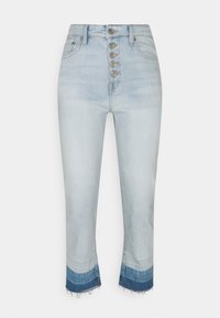 Ljus tvättade denimjeans med hög midja, femknappslåsning och fransad fåll i mörkare blått vid bensluten.