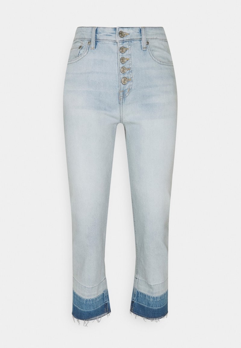 Ljus tvättade denimjeans med hög midja, femknappslåsning och fransad fåll i mörkare blått vid bensluten.
