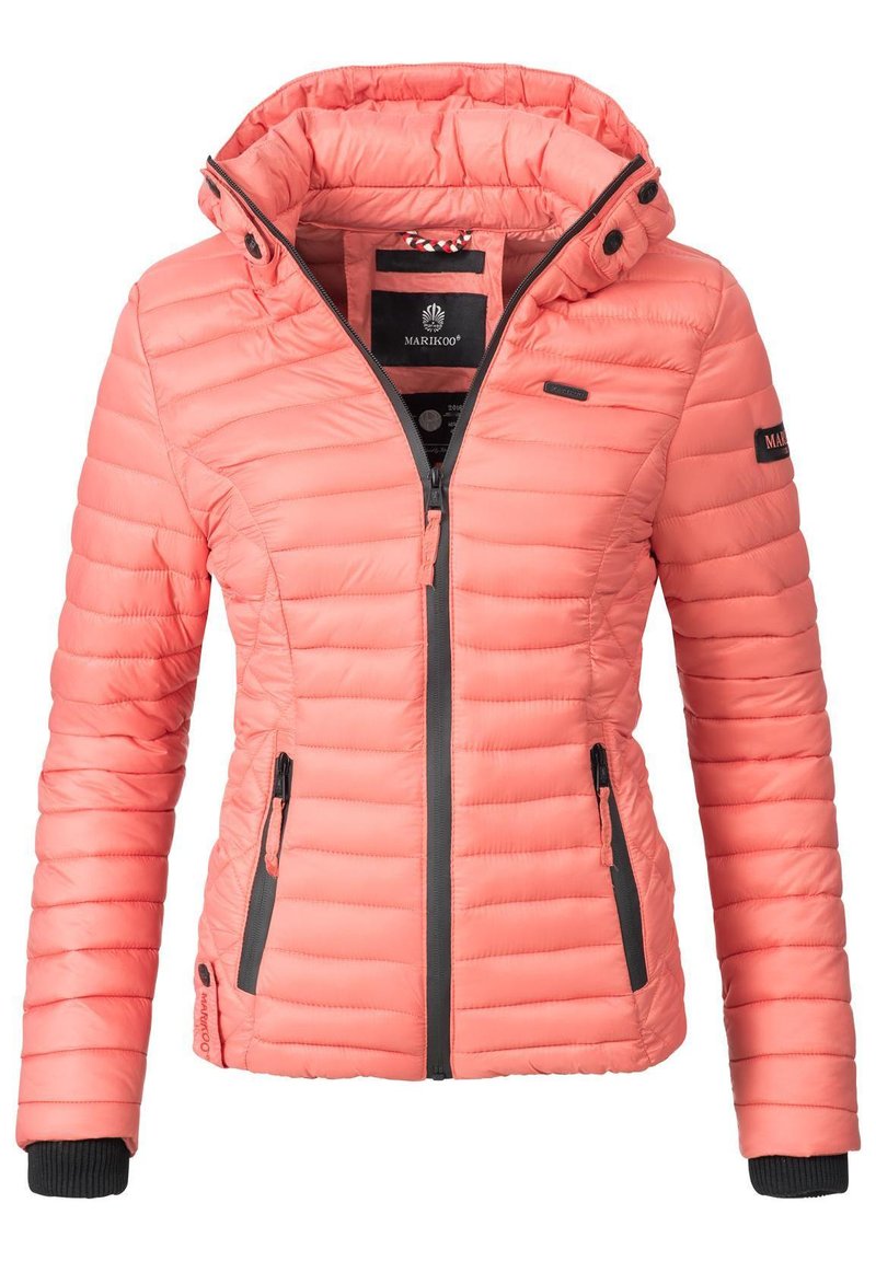 Padded jacket in coral pink, featuring a zip front, hood, and black accents. Vertical quilted design, two side pockets.