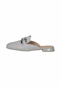 Scarpa slip-on in pelle grigia con punta affilata, design minimalista, dettagli in metallo argentato e tacco basso e lucido.