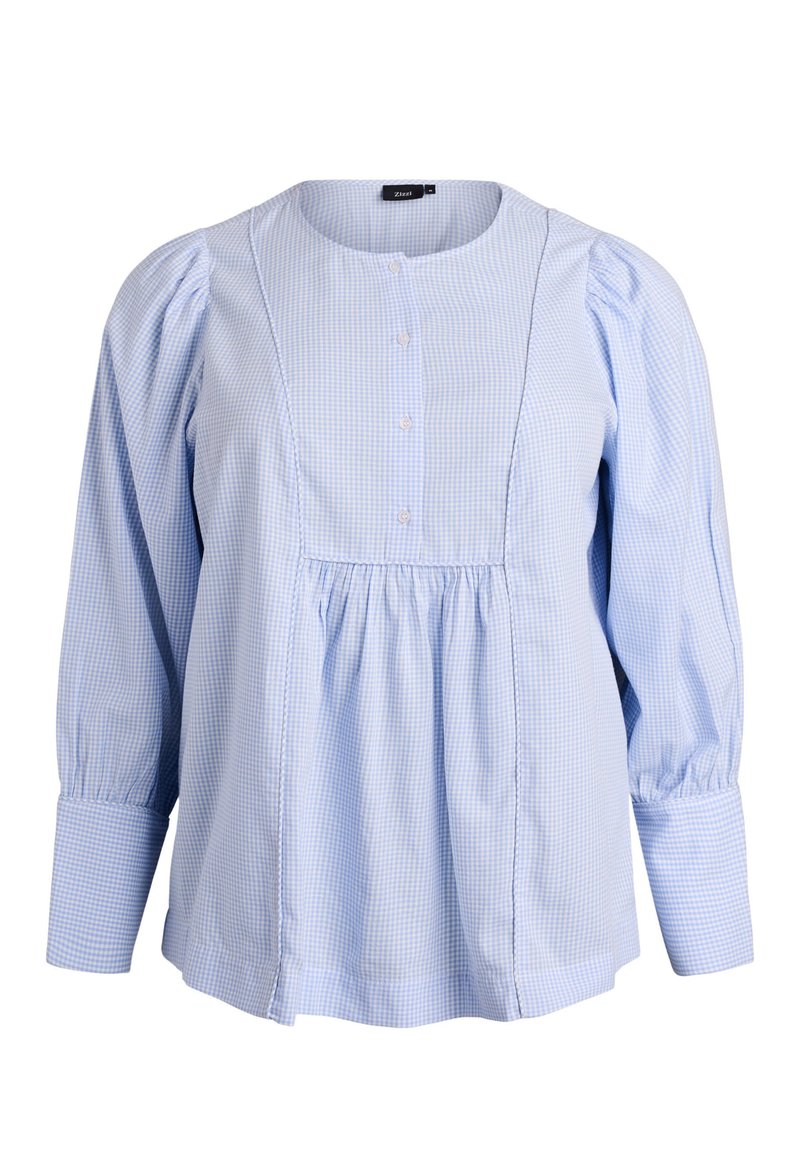 Svetlo modra karo bluza z okroglim izrezom, tremi gumbi spredaj, napihnjenimi dolgimi rokavi in naborki pod prsmi.
