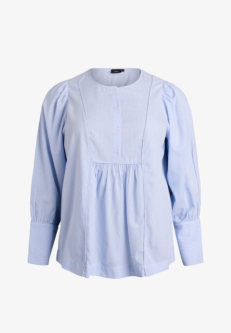 Svetlo modra karo bluza z okroglim izrezom, tremi gumbi spredaj, napihnjenimi dolgimi rokavi in naborki pod prsmi.