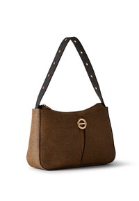 Brown textured leather handbag with black strap featuring gold studs and a circular gold logo clasp at front, angled on white background.