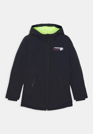 Veste marine avec capuche, dotée d'un intérieur vert vif, de deux poches latérales zippées et d'un logo sur la poitrine. Fabriquée en tissu doux.