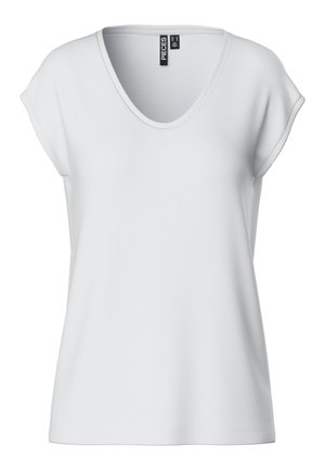 Top blanco de manga corta con un diseño de escote en V, confeccionado en una tela suave. Presenta un corte relajado y un sutil pespunte a lo largo del dobladillo.