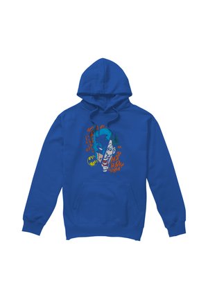 Blauer Hoodie mit geteiltem Grafikdesign der Batman- und Joker-Gesichter mit dem Text „Ha Ha“ und einem kleinen gelben Batman-Logo auf der Brust.