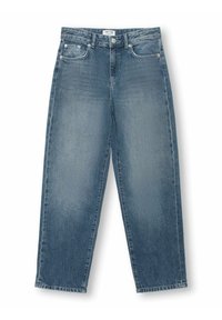 Jeans a gamba larga in denim blu medio, con cinque tasche, chiusura a bottone e zone sbiadite per un aspetto vissuto. Taglio dritto con orli cuciti.