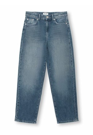 Weite Jeans in mittelblauem Denim, mit fünf Taschen, einem Knopfverschluss und verwaschenen Bereichen für einen used Look. Gerade Passform mit genähten Säumen.