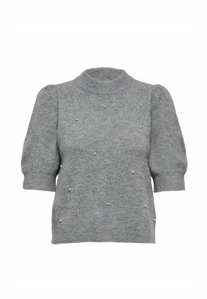 Grå strikket sweater med høj hals, korte puffærmer og dekorative perleaccentuer, der er jævnt fordelt på forsiden.