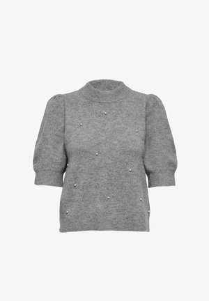 Grijze gebreide trui met een hoge hals, korte pofmouwen en decoratieve parelaccenten die gelijkmatig verspreid zijn over de voorkant.