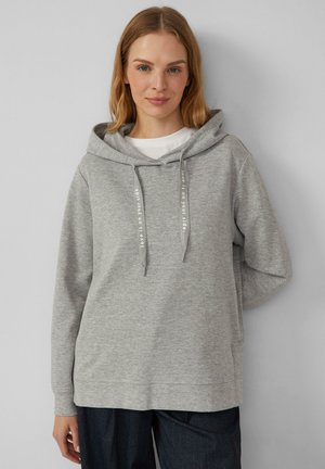 Grauer Kapuzenpullover mit entspannter Passform, aus Baumwollmischung, mit verstellbaren Kordeln und einer Kängurutasche. Schriftzug auf den Kordeln.