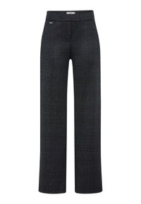 Dunkelkarierte Hose aus einem strukturierten Stoff, mit geradem Bein und einem dezenten Glanz. Enthält ein kleines metallisches Akzentdetail.