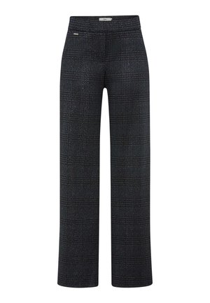 Pantaloni a quadri scuri in un tessuto strutturato, con un taglio dritto e una leggera lucentezza. Include un piccolo dettaglio metallico.