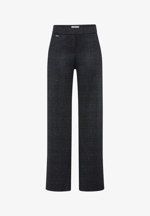 Dunkelkarierte Hose aus einem strukturierten Stoff, mit geradem Bein und einem dezenten Glanz. Enthält ein kleines metallisches Akzentdetail.