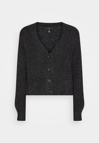 Ciemnoszary krótki kardigan wykonany z miękkiej, teksturowanej tkaniny. Posiada dekolt w serek, długie rękawy oraz pięć czarnych guzików na przodzie.