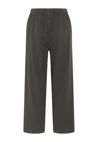 Pantalon gris foncé à jambes larges en coton. Doté d'une ceinture élastique et d'ourlets, offrant une coupe décontractée.