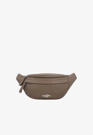 Beżowa skórzana nerka z dwoma zamykanymi na zamek kieszeniami i regulowanym paskiem, z białym napisem "Guanti Leder studio".