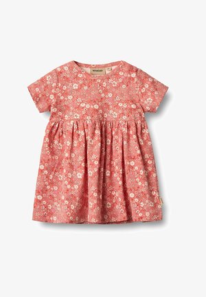 Kukkakuvioinen mekko korallinvärisenä, lyhyillä hihoilla, pyöreällä päärmeellä, kerrotuilla vyötäröllä, pehmeästä kankaasta, sopii arkikäyttöön.